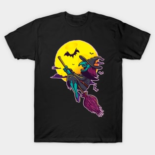 witches broom halloween witch hat creepy witch broom bat T-Shirt